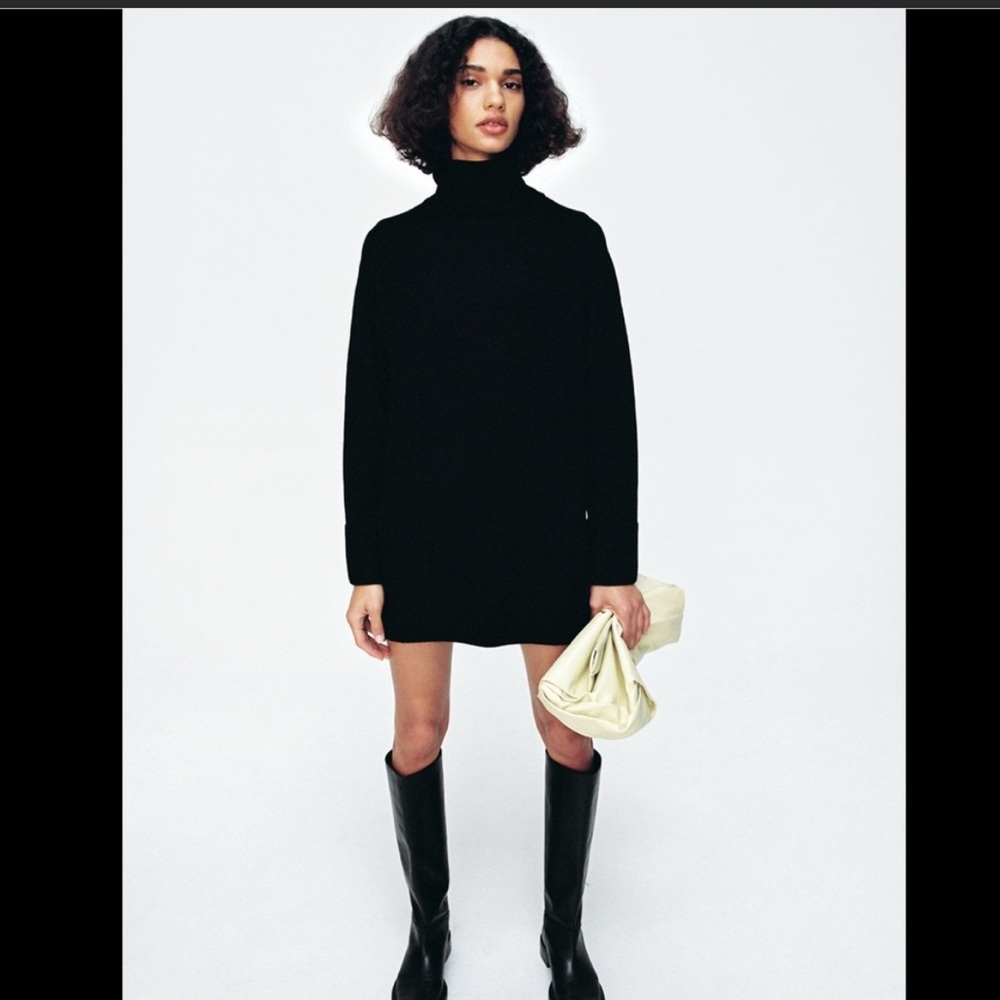 Zara High Collar Turtleneck Sweater Knit Dress in Black